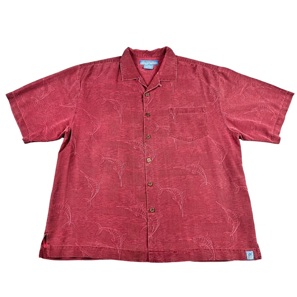 Bermuda Bay Mens XL Silk Marlin Jacquard Hawaiian Shirt Red Short Sleeve Button